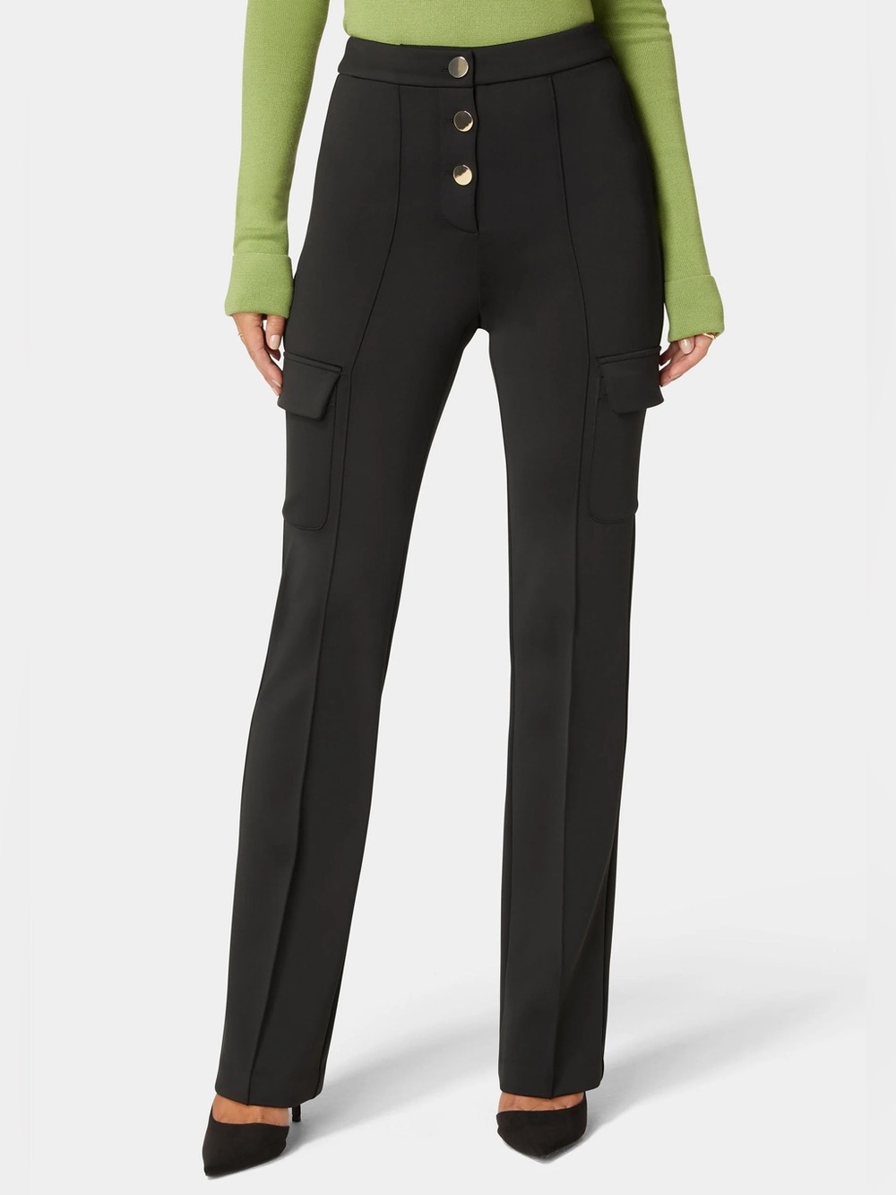 BEBE High Waist Straight Leg Patch Pocket Knit Pants Size 8 Satin Look